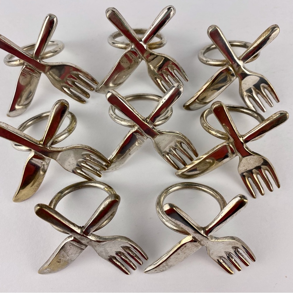 Pier 1 Napkin Rings set of 8, knife and fork design, silver plated